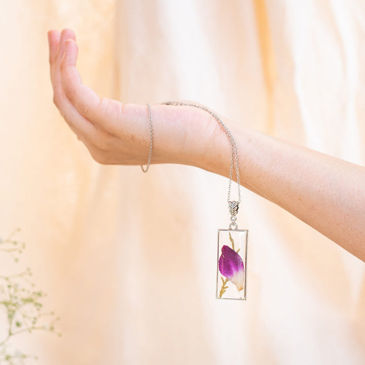 Silver Long Rectangle Necklace with Purple Orchid