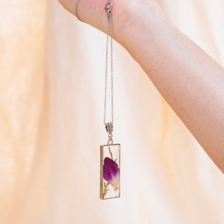 Silver Long Rectangle Necklace with Purple Orchid
