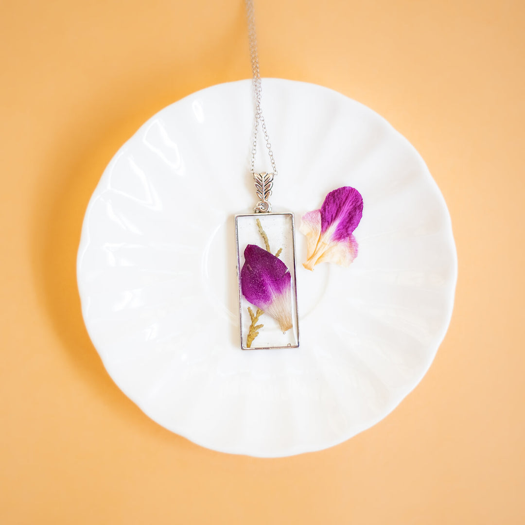 Silver Long Rectangle Necklace with Purple Orchid