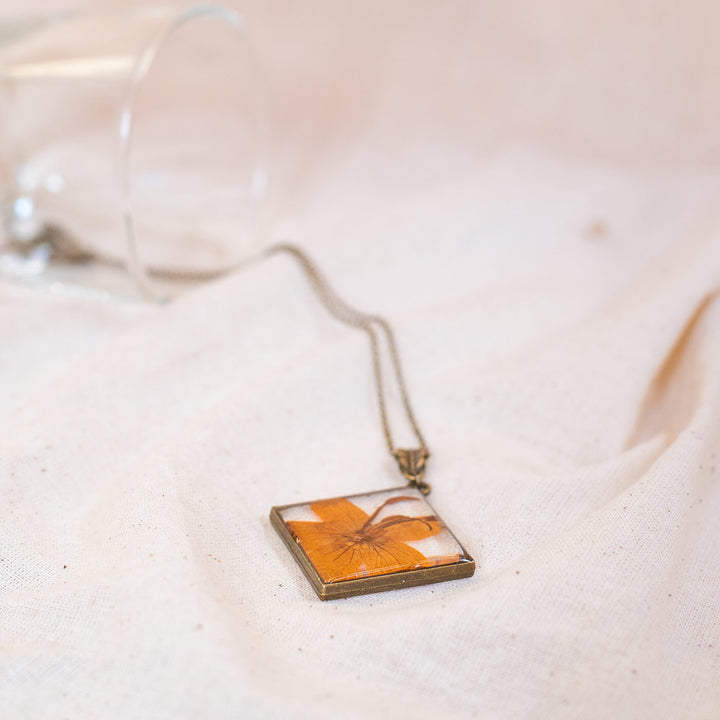 Brass Diamond Necklace with Orange Nasturtium