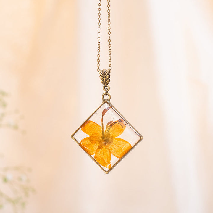 Brass Diamond Necklace with Orange Nasturtium - Zwende