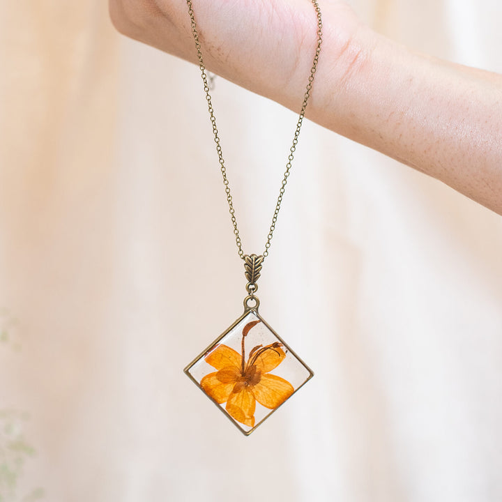 Brass Diamond Necklace with Orange Nasturtium