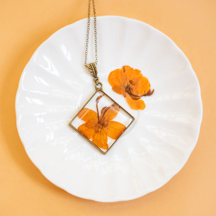 Brass Diamond Necklace with Orange Nasturtium