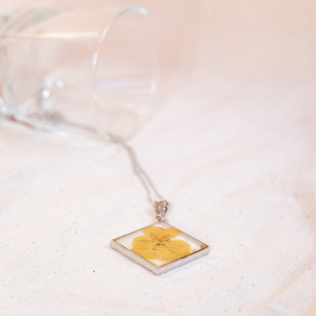Silver Diamond Necklace with Yellow Pansy