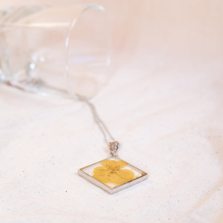 Silver Diamond Necklace with Yellow Pansy