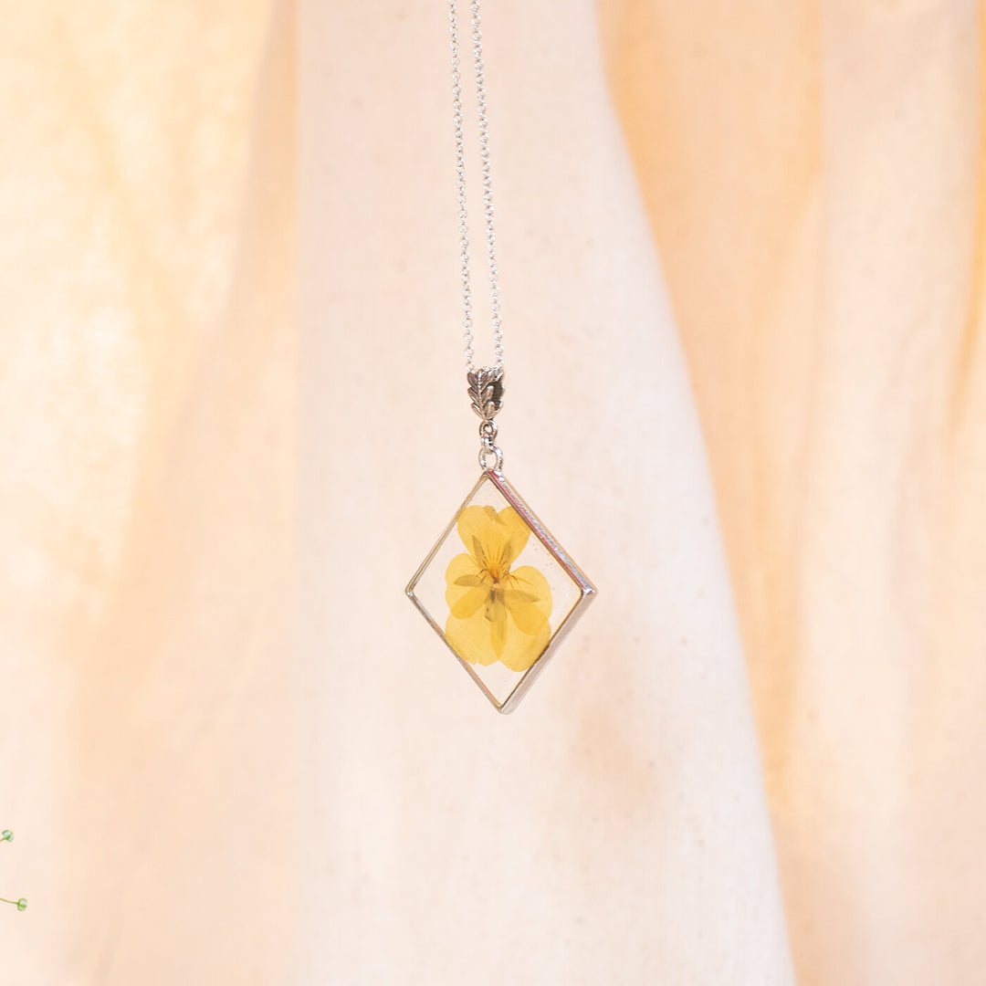 Silver Diamond Necklace with Yellow Pansy