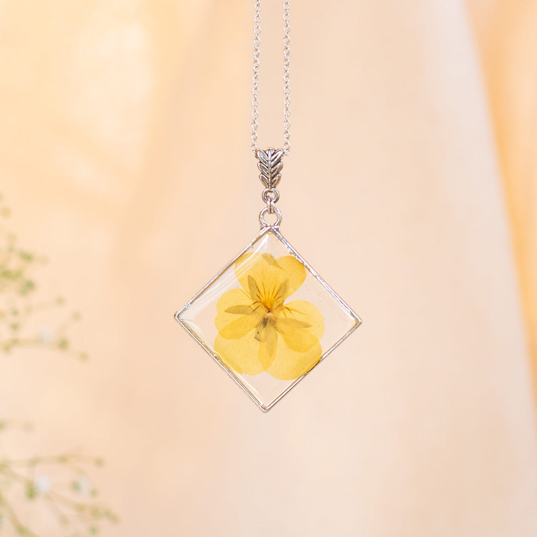 Silver Diamond Necklace with Yellow Pansy
