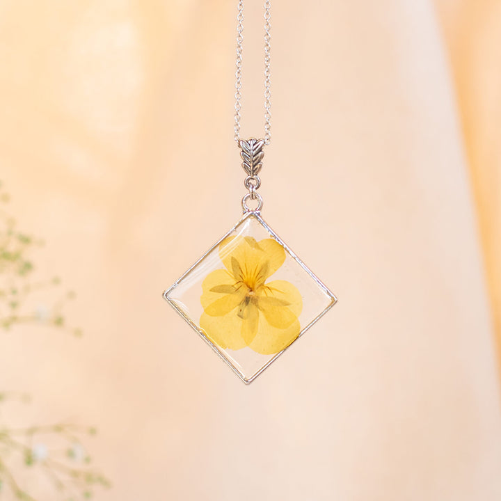 Silver Diamond Necklace with Yellow Pansy