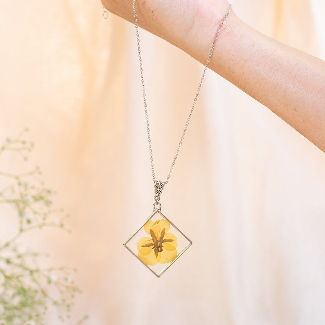Silver Diamond Necklace with Yellow Pansy
