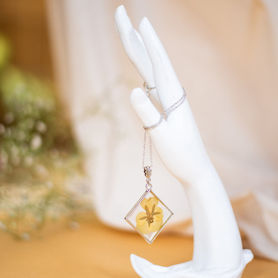 Silver Diamond Necklace with Yellow Pansy