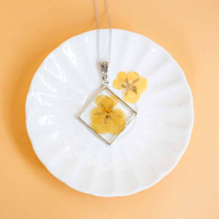 Silver Diamond Necklace with Yellow Pansy