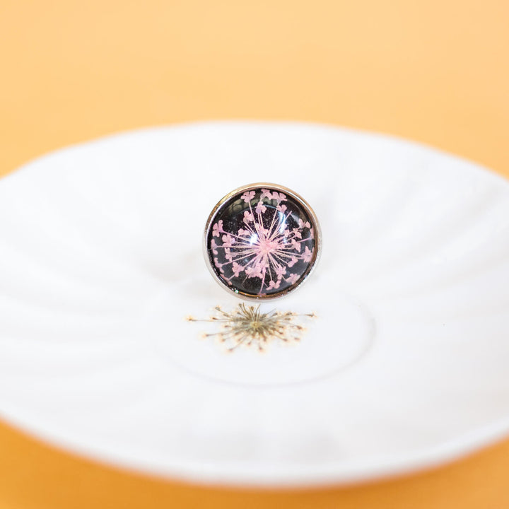 Small Silver Round Ring - Pink Queen Annes Lace with Black Base