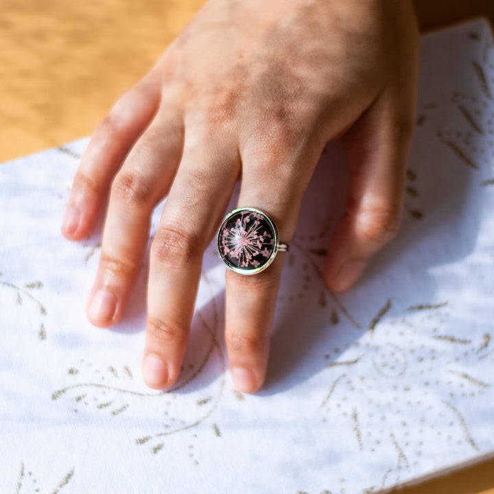 Small Silver Round Ring - Pink Queen Annes Lace with Black Base
