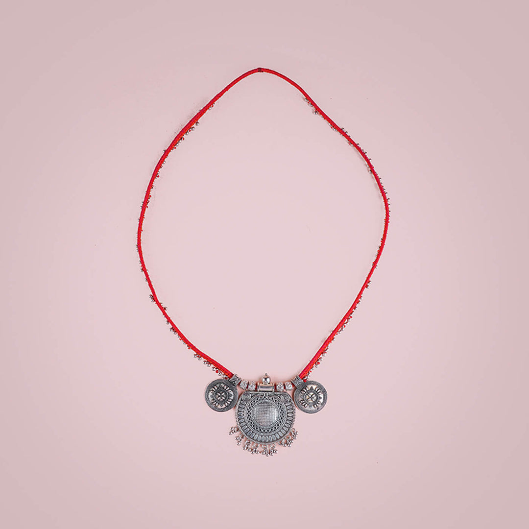 Red Statement Necklace with Oxidized Pendant