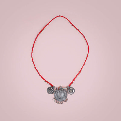 Red Statement Necklace with Oxidized Pendant