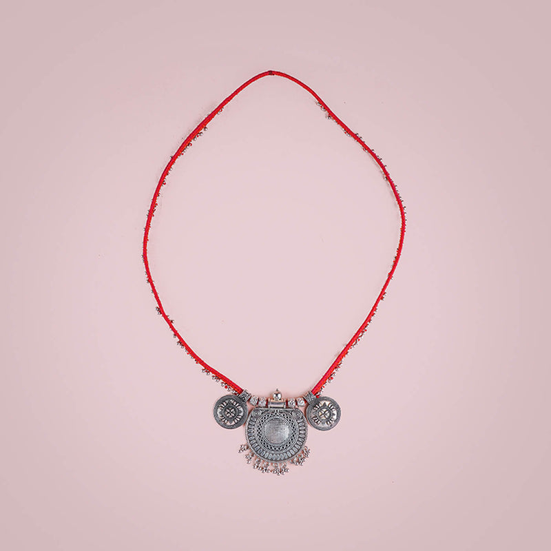 Red Statement Necklace with Oxidized Pendant