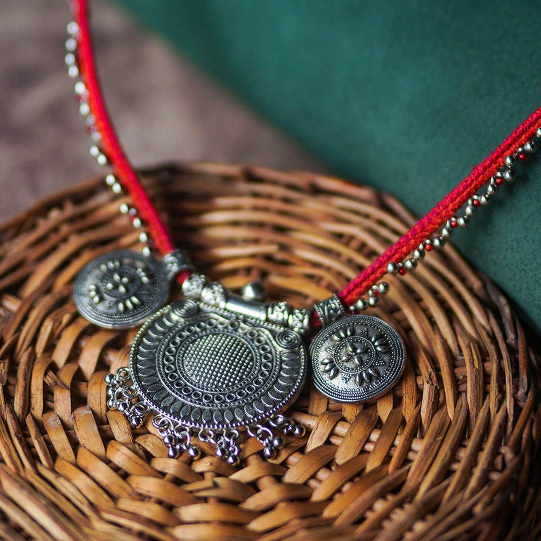 Red Statement Necklace with Oxidized Pendant