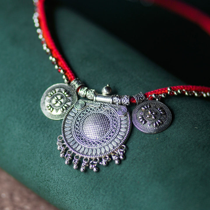 Red Statement Necklace with Oxidized Pendant
