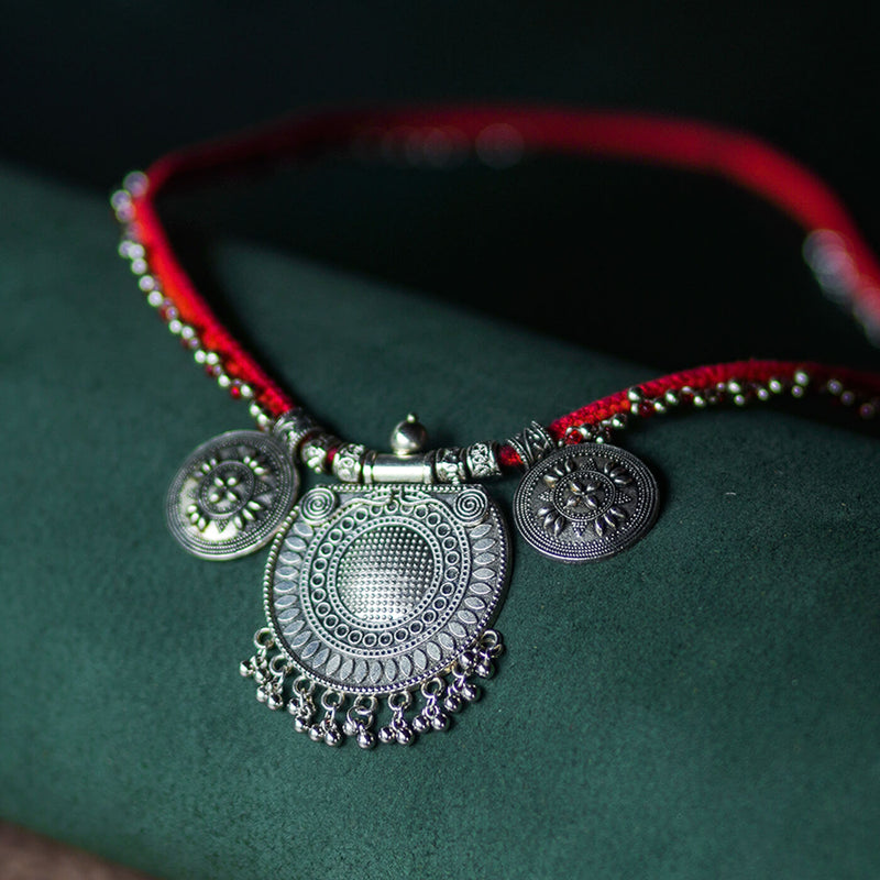Red Statement Necklace with Oxidized Pendant