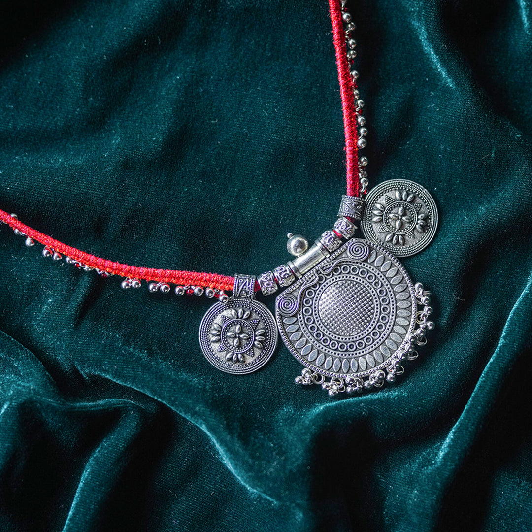 Red Statement Necklace with Oxidized Pendant