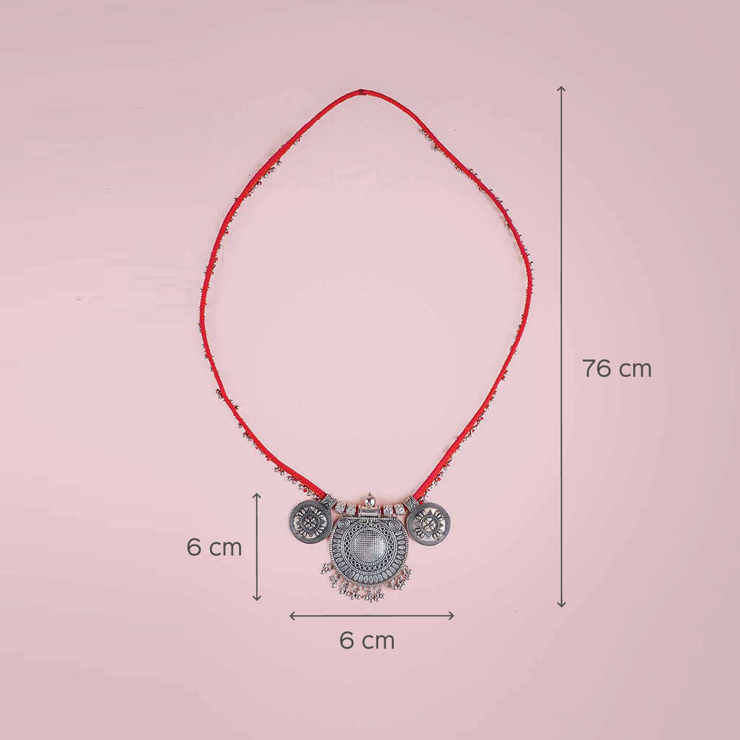 Red Statement Necklace with Oxidized Pendant