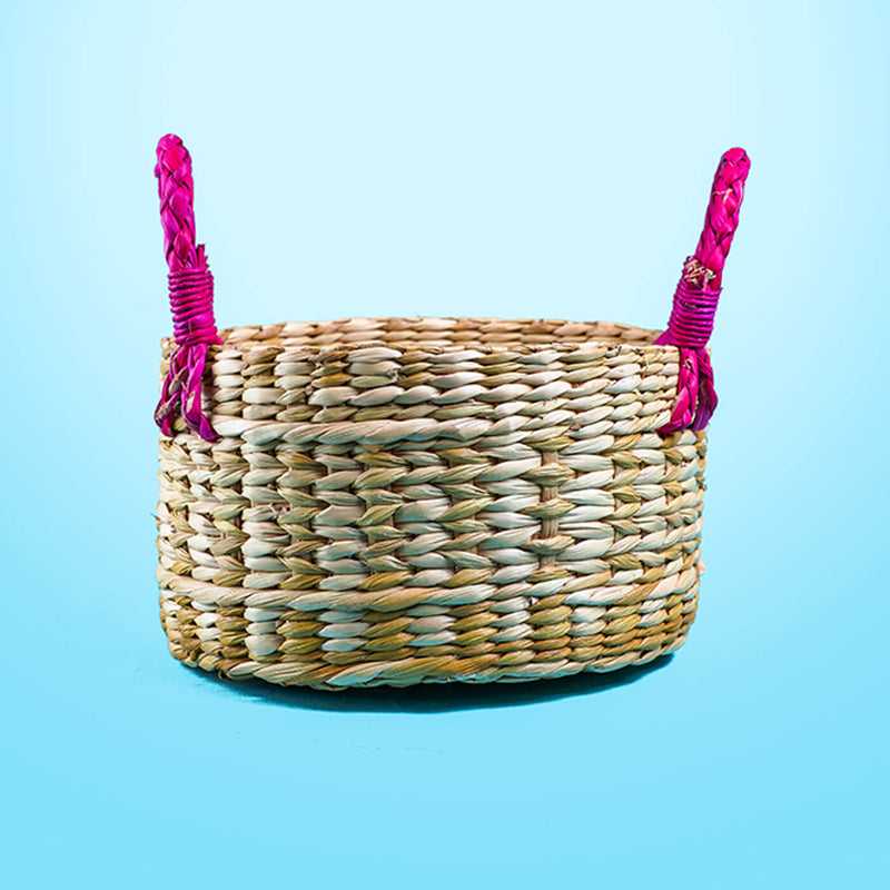 Handwoven Kauna Basket with Pink Handles