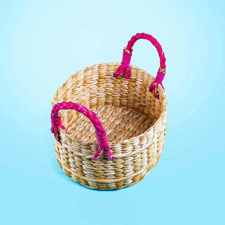 Handwoven Kauna Basket with Pink Handles