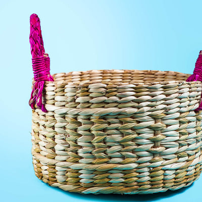 Handwoven Kauna Basket with Pink Handles
