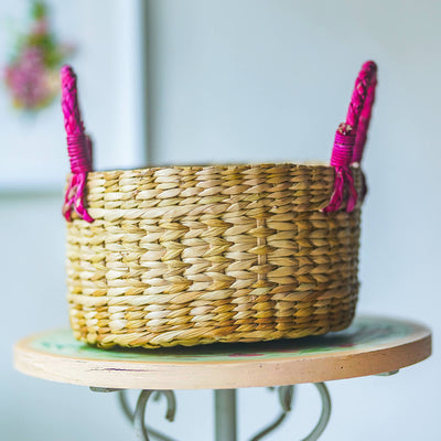 Handwoven Kauna Basket with Pink Handles