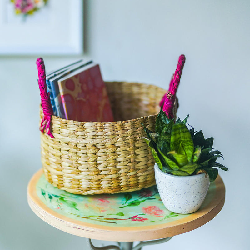 Handwoven Kauna Basket with Pink Handles