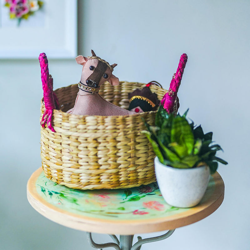 Handwoven Kauna Basket with Pink Handles