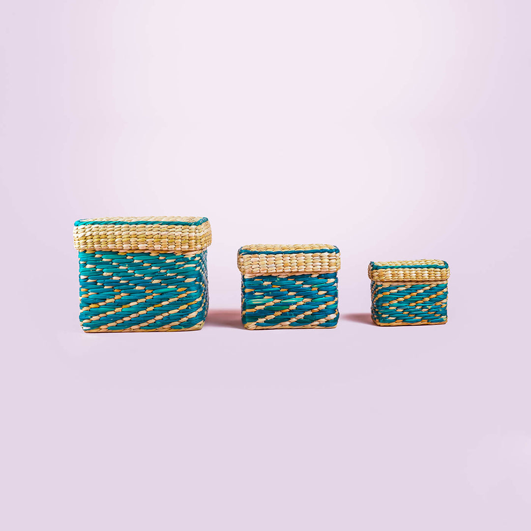 Handwoven Blue Kauna Organizers - Set of 3