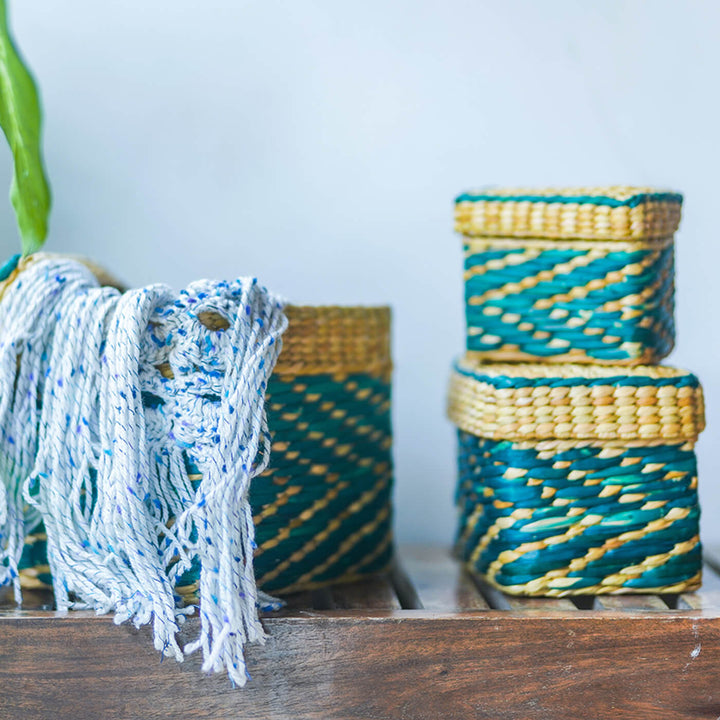 Handwoven Blue Kauna Organizers - Set of 3