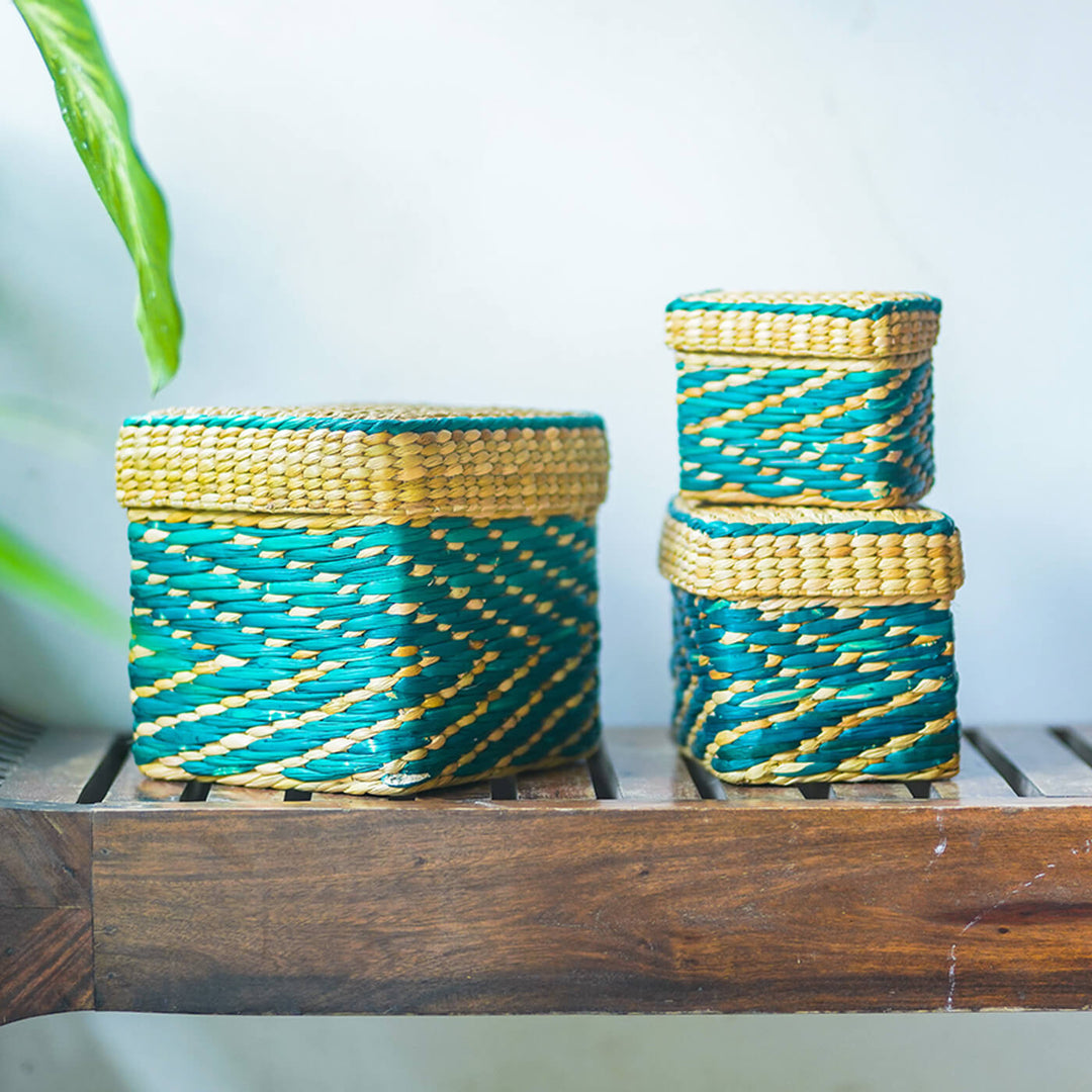 Handwoven Blue Kauna Organizers - Set of 3