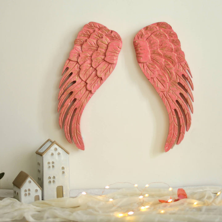 Handcarved Teak Wood Angel Wings Wall Decor