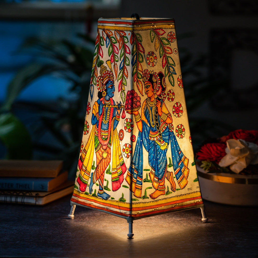 Krishna Leela Hand Painted Tholu Bommalata Tall Tabletop Lamp | 13 inches