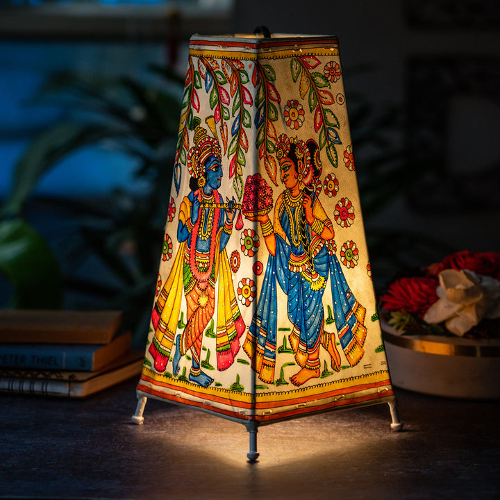 Krishna Leela Hand Painted Tholu Bommalata Tall Tabletop Lamp | 13 inches