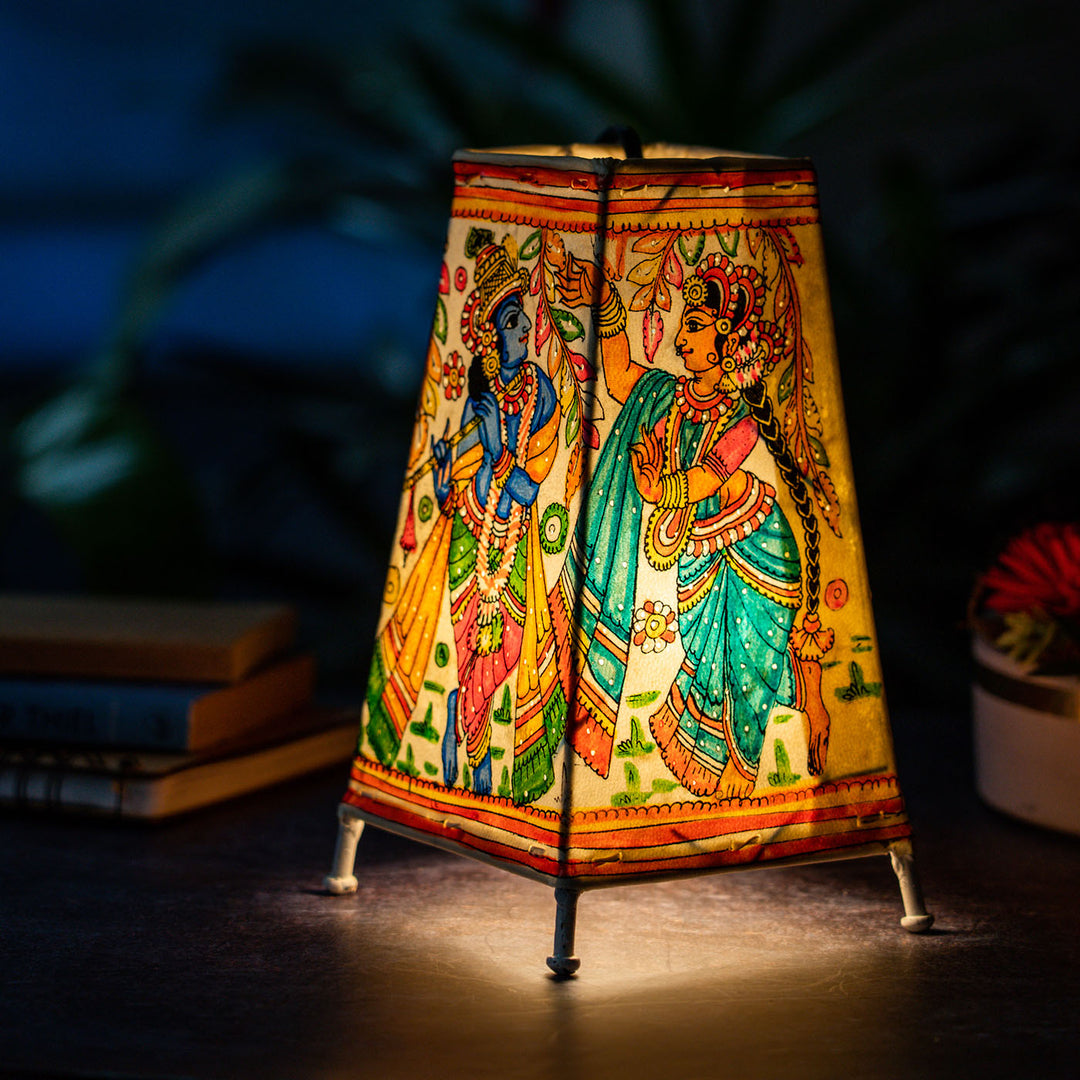 Multi-Coloured Krishna Hand Painted Tholu Bommalata Medium Tabletop Lamp | 9 inches