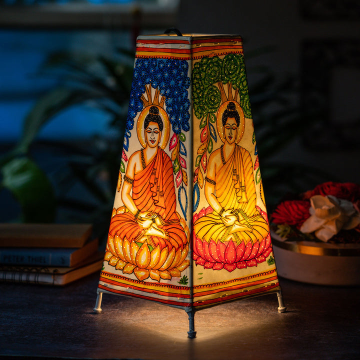 Vibrant Buddha Hand Painted Tholu Bommalata Tall Tabletop Lamp | 13 inches