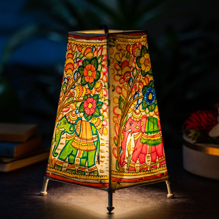 Bright Elephant Hand Painted Tholu Bommalata Medium Tabletop Lamp | 9 inches