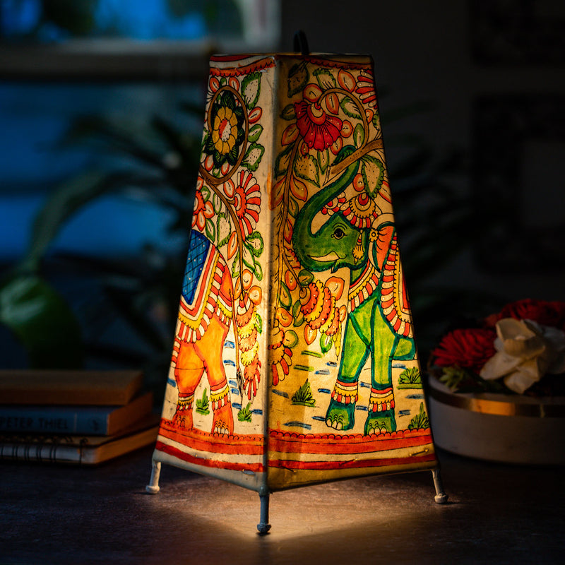Vibrant Elephants Hand Painted Tholu Bommalata Tall Tabletop Lamp | 13 inches