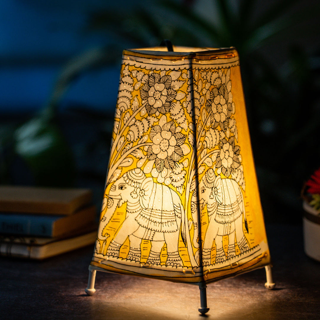 Elephants Hand Painted Tholu Bommalata Medium Tabletop Lamp | 9 inches