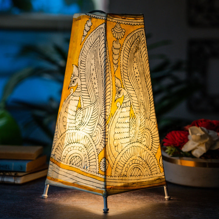 Peacock Hand Painted Tholu Bommalata Tall Tabletop Lamp | 13 inches