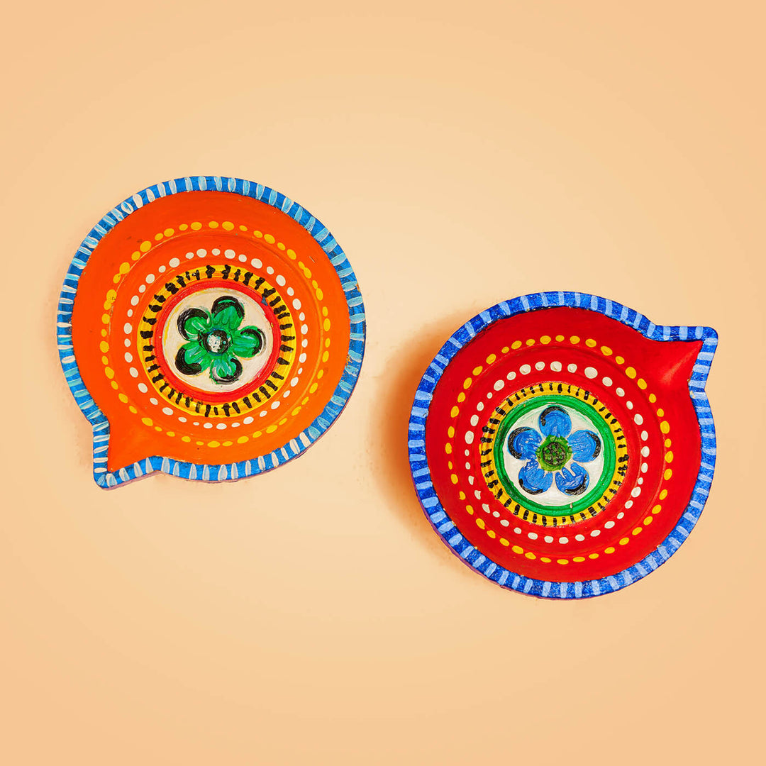 Colourful Round Diyas - Large - Set of 2