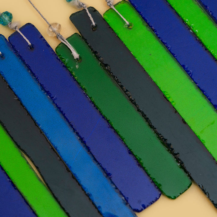 Upcycled Strip Stained Glass Windchime - Blue & Green - Zwende