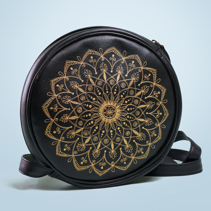 Faux Leather Round Sling Bag - Mandala