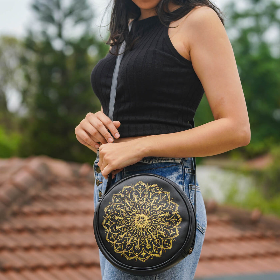 Faux Leather Round Sling Bag - Mandala