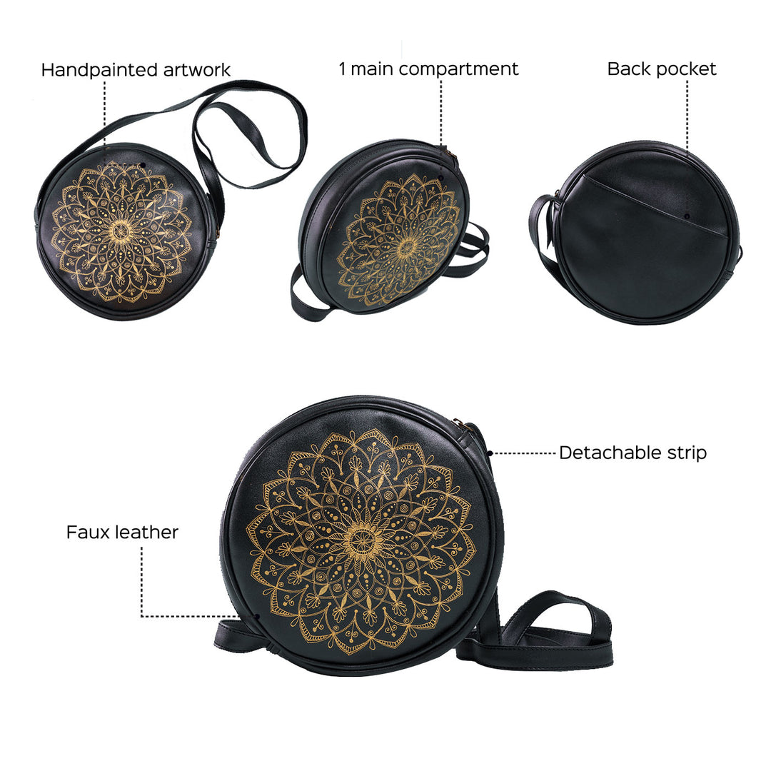 Faux Leather Round Sling Bag - Mandala