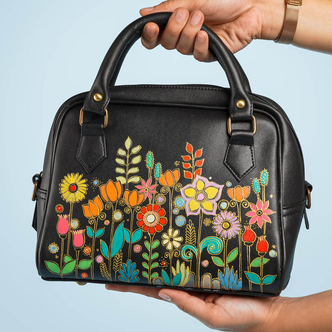Faux Leather Small Handbag - Florals