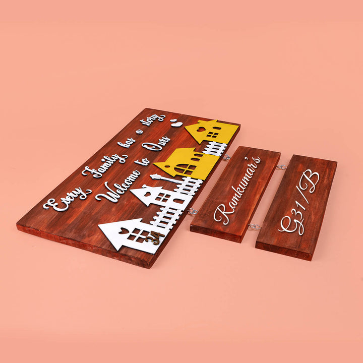 Personalised Wooden Family Name Plate With House Number - Flat Lay Showing Multi-piece Design